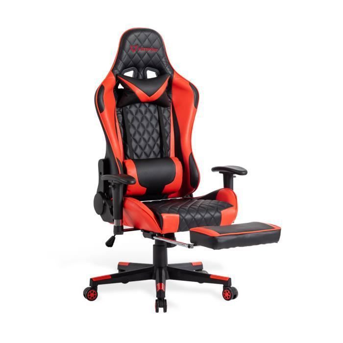 Chaise gamer - Foxsport - Ergonomique - Repose-pieds télescopique - Accoudoirs réglables - Cuir rouge