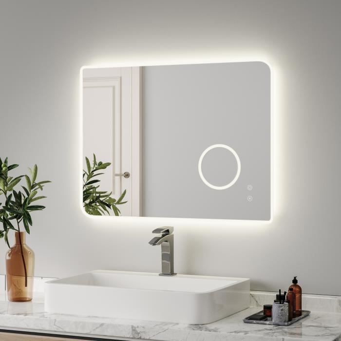 Mondeer Miroir de Salle de Bain avec LED, avec Grossissement 3x, Fonction de Désembuage, Luminosité Réglable, 80×60cm