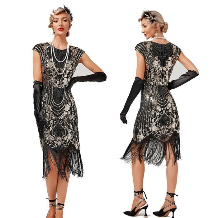 Robe de Soirée Bal Déguisement Femme Année 20 Charleston Vintage Rétro  1920s Franges Paillettes Robe Cocktail Cérémonie XS-3XL Noir Noir -  Cdiscount Prêt-à-Porter