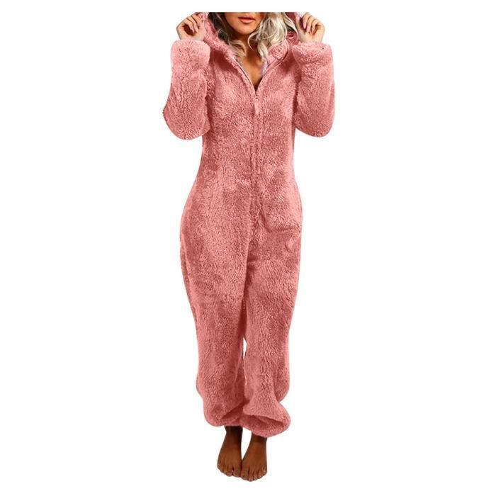 Sasaquoy Pyjama Chemise De Nuit Combinaison a capuche zippee a manches longues en peluche pour femme Homewear Polyester Rose Rose Cdiscount Pret a Porter