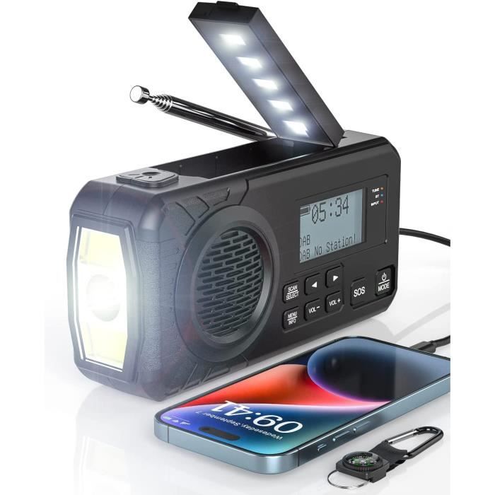 Manivelle Radio Solaire Survie AM/FM Radio Dynamo USB-C 1200mAh  Rechargeable avec Lampe de Poche LED Alarme SOS