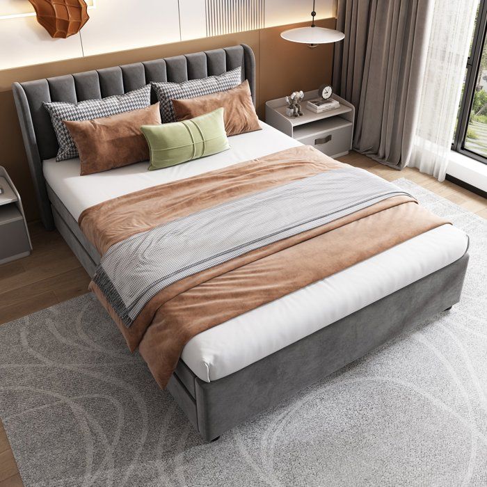 Lit 140x200 avec 2 tiroirs à roulettes - Lit Double 2 personnes pour Adultes - Sommier à lattes - Style scandinave - velours - Gris