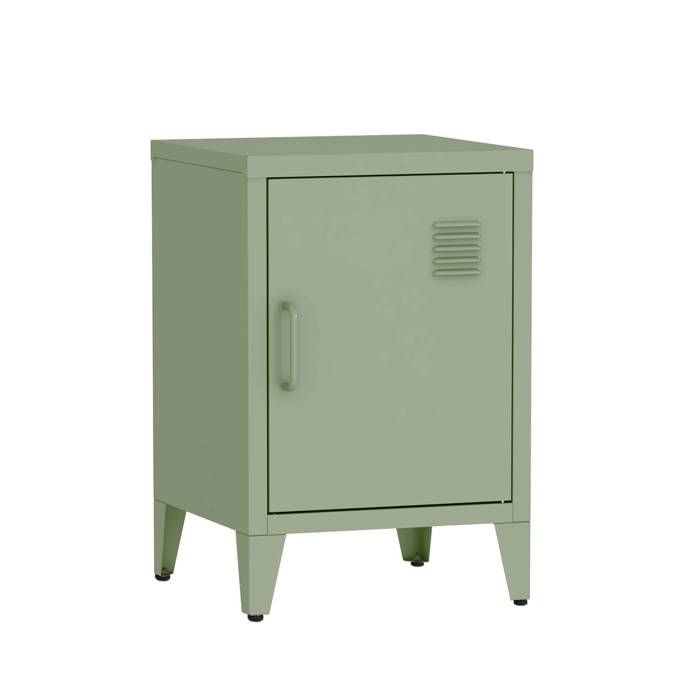 Table de chevet en acier vert. 1 porte. casier. chambre enfant