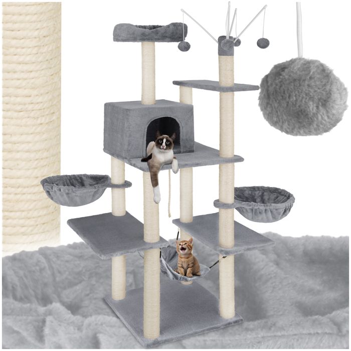 Arbre à chat - TECTAKE - Arbre à chat LILOU avec griffoir plateformes descalade couchages et jouet 120 x 61 x 165 cm - Gris