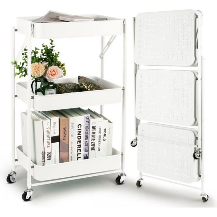 Todeco Chariot de Service Desserte Pliable à 3 Niveaux Meuble de Rangement avec Utilitaire Roulettes 46*29.5*78.5 cm pour Cuisine Todeco Chariot de Service Desserte Pliable à 3 Niveaux Meuble de Rangement avec Utilitaire Roulettes 46*29.5*78.5 cm pour Cuisine