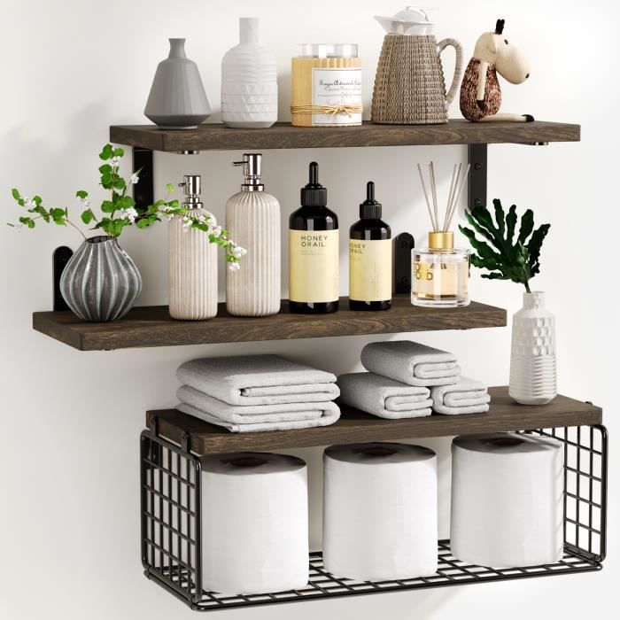 Étagère Murale Bois et Métal - TYRESES Lot de 3 Étagères murales flottantes - Design industriel pour Salon Chambre Cuisine