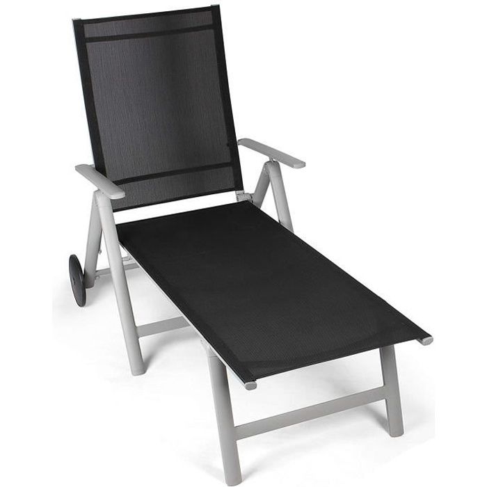 Chaise longue de jardin pliable Vanage en aluminium noir avec roulettes de transport