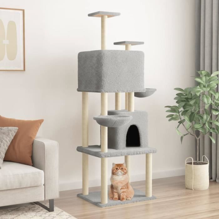 vidaXL Arbre à Chat avec Griffoirs en Sisal, Tour à Chat avec Plate-forme et Panier, Centre d'Activités pour Chaton, Arbre à Grimper Maison Intérieur, Gris Clair 180 cm