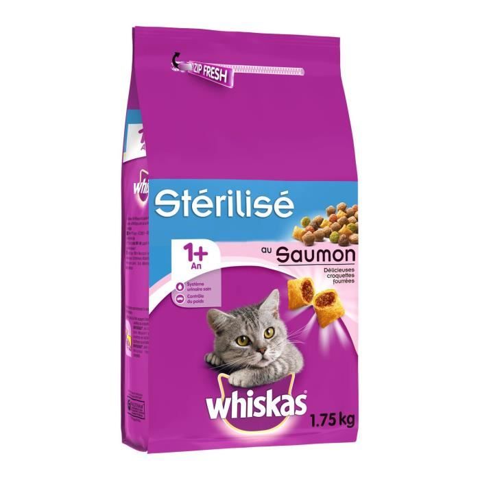 LOT DE 2 - WHISKAS - Croquettes pour chat Adulte Stérilisé au Saumon - sac de 1,75 kg