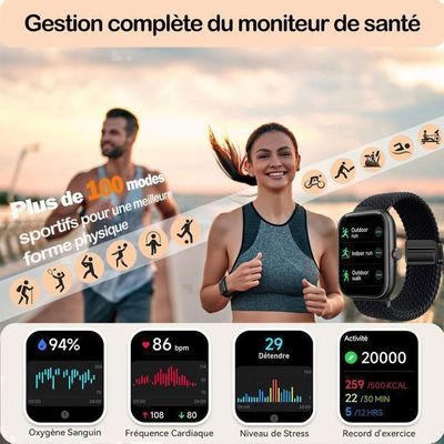 Montre Connectée KALINCO Avec Alexa - IP68 étanche - Mesure Fréquence Cardiaque, Stress, Oxygène - 100+ Modes Sport - Compatible Android IOS