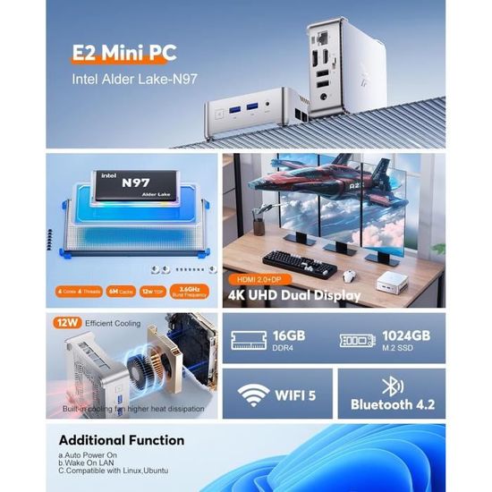 Mini PC - NIPOGI - E2 - Intel Alder Lake-N97 - 16 Go RAM - 1 To