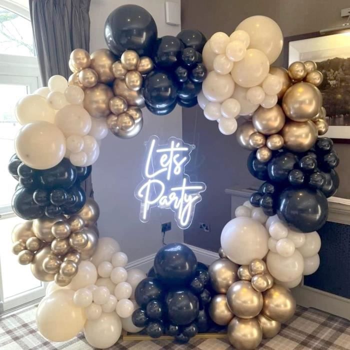 Kit Arche Ballons Noir Or Blanc 132 Pièces - Guirlande Luxe Anniversaire Mariage Nouvel An