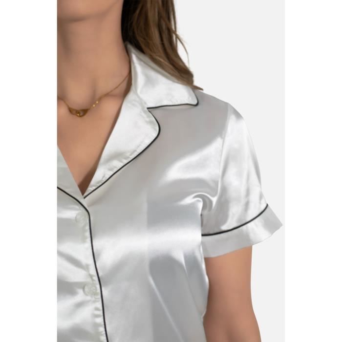 Pyjashort en satin fluide Blanc KEBELLO Femme Coupe intemporelle Col tailleur Taille elastique