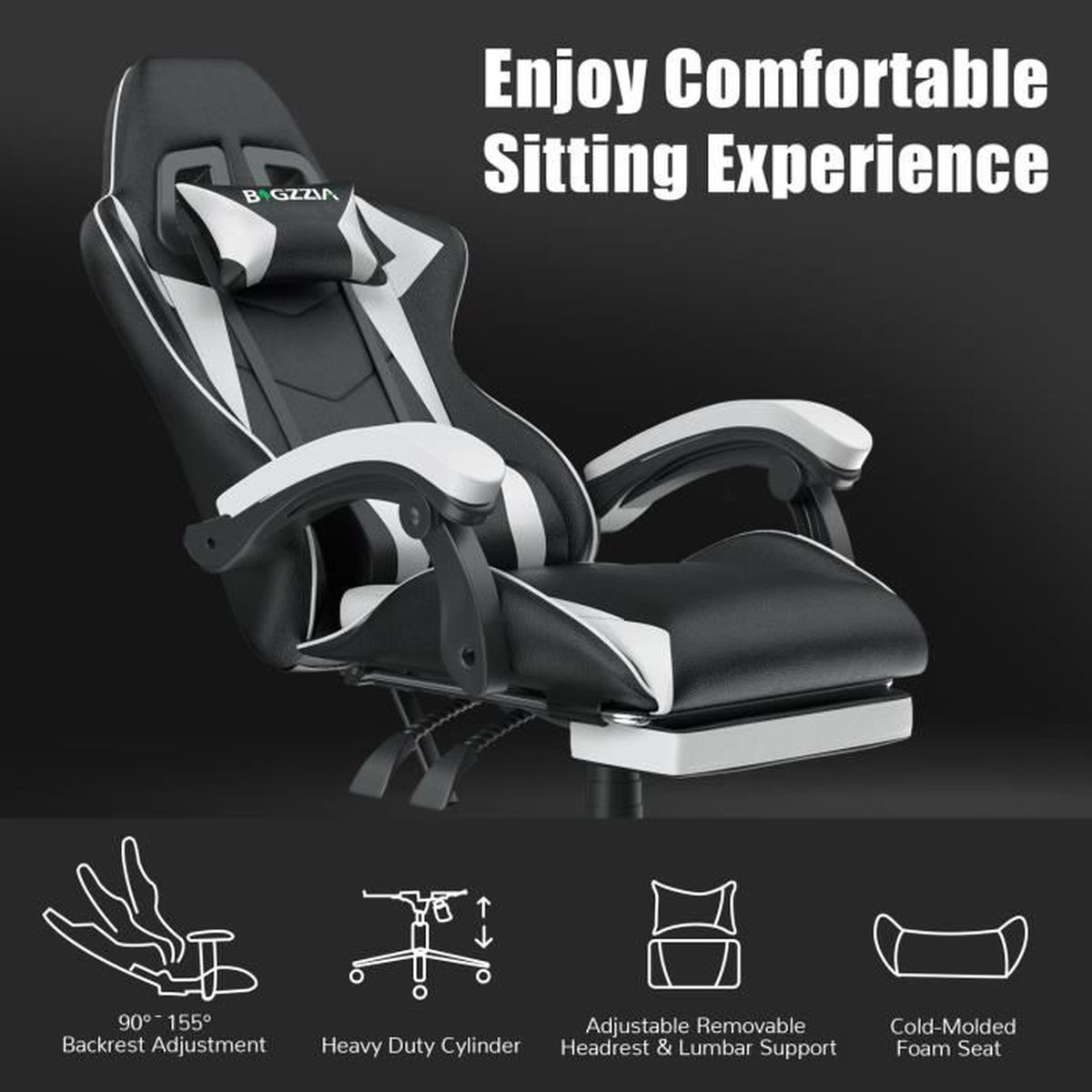 Chaise gaming Bigzzia Fauteuil gamer - Chaise gaming de bureau a Pivot 90°  - Avec appui-tête & coussin lombaire - Inclinable 90°-155°