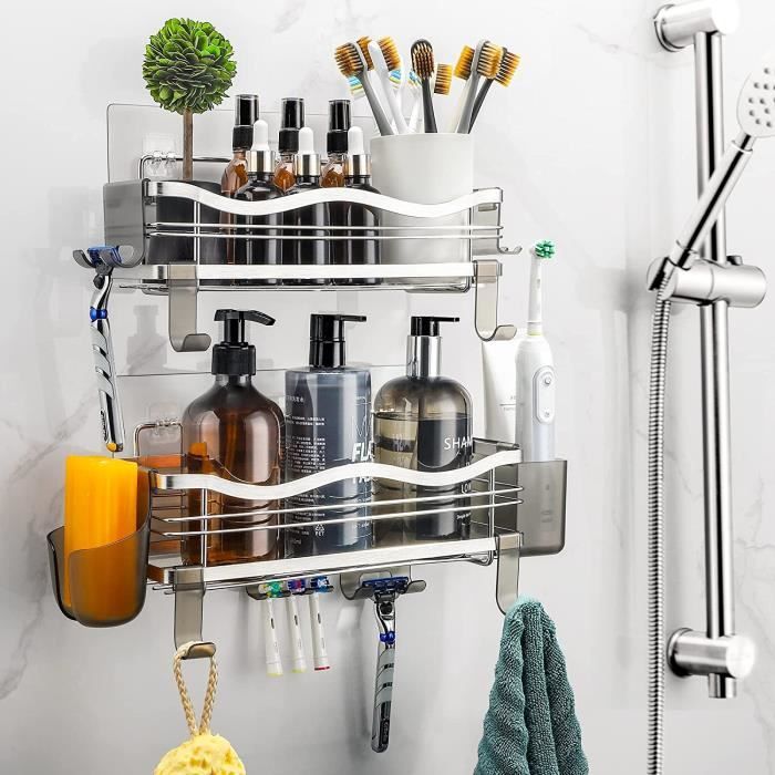 étagère Collage Murale Étagère Douche Or 2 Paniers - Rangement