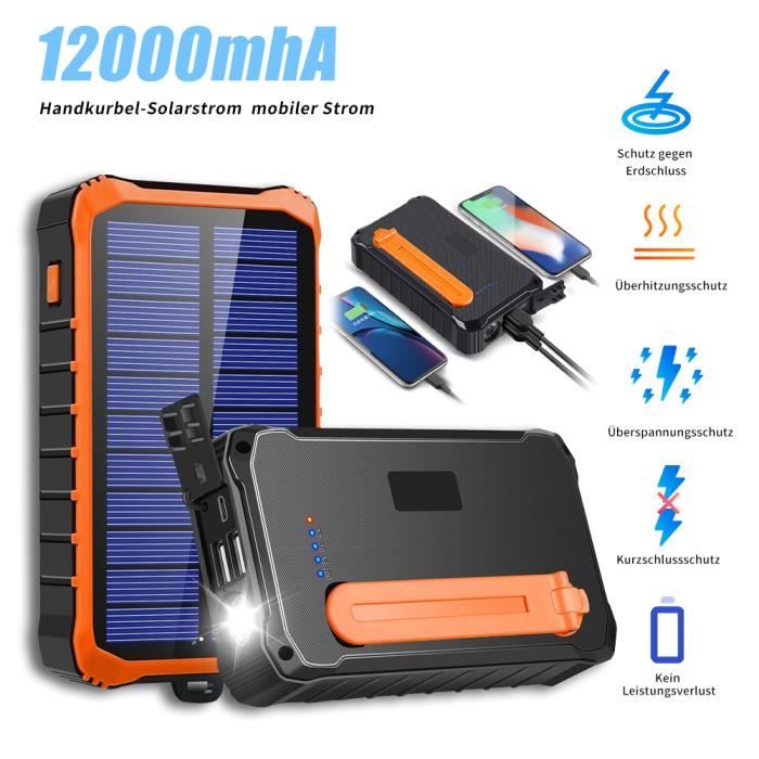 Batterie Externe Solaire Portable Étanche 12000 mAh avec 2 Ports USB et  Lampe Torche LED - Vert
