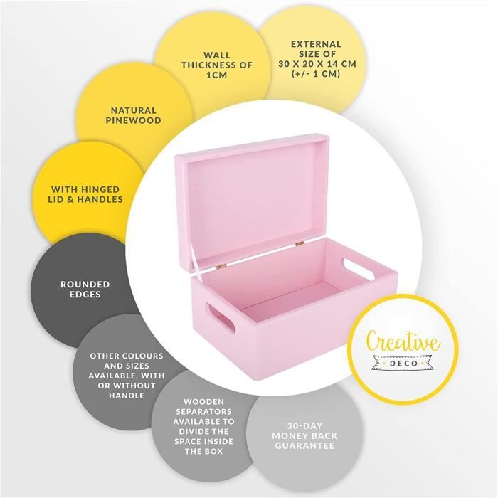 Boîte Rangement Bois Rose Creative Deco - 30x20x14 Cm - Avec Couvercle - Brut Non Poncé