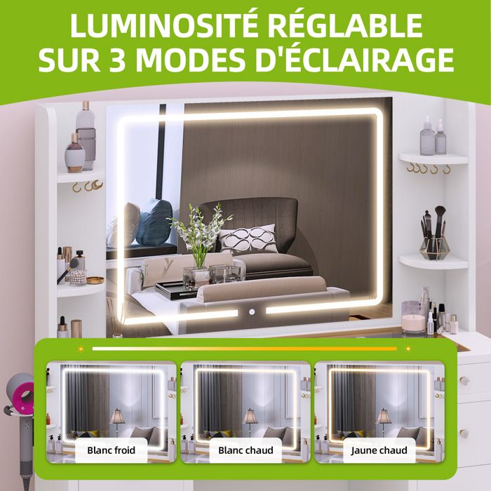 Coiffeuse Avec Tiroir Transparent YITAHOME - Coiffeuse Avec Miroir 3 Faces Et Lumières LED - 2 Tiroirs, étagères Réglables Coiffeuse Avec Miroir Led