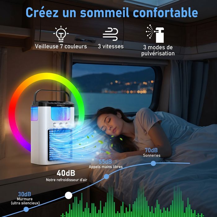 Climatiseur Portable à 3 Vitesses Veilleuse LED intégrée 600 ml Noir