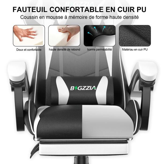 Chaise Gaming Ergonomique Bigzzia - Coussin Tête Et Lombaire, Dossier Inclinable 155°, Hauteur Réglable - Blanc