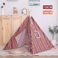 Tente Tipi Enfant - Coton et Chanvre+Bois de Tung - Motif indien - rouge 110x110x135cm-0