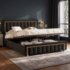 Lit double 140x200 cm - DANS LES NUAGES - Velours noir - Cadre avec rangement - Design élégant