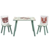Ensemble table et chaises enfant design animaux de la forêt - table carrée + 2 chaises - bois pin MDF vert