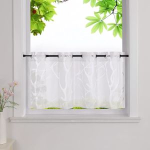 Rideau Brise-Bise Court Fleur Brodé - 45x150cm Coton Lin Pour Cuisine Et Fenêtre