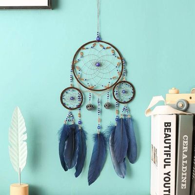 Attrape-rêves Bohème Fait Main Avec Plumes Et Perles - Décoration Murale Bleue 60 Cm - Pour Chambre Enfant Ou Adulte