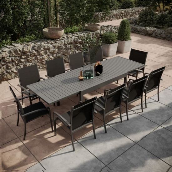 Table de jardin extensible aluminium noir 200/300cm + 10 fauteuils