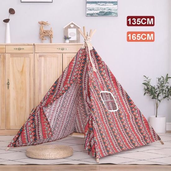 Tente Tipi Enfant - Coton et Chanvre+Bois de Tung - Motif indien - rouge 110x110x135cm