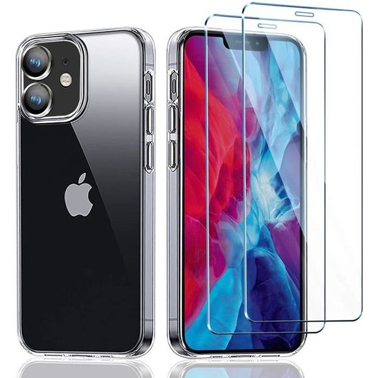 Coque Avec Protection Caméra New&Teck Coque IPhone 12/12 Pro Transparente + 2 Verres Trempés + Protection Caméra - TPU Souple Coque TPU Souple