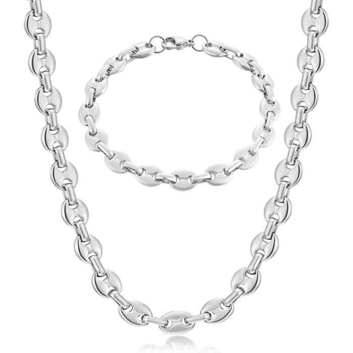 Chaine Maille Grain de Café Homme Collier et Bracelet en Acier Inoxydable, 6mm 9mm 11mm Argent-Or-Noir[447]