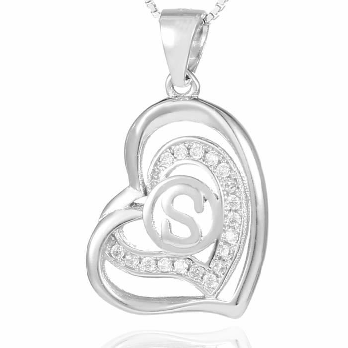 Collier Morella femme pendentif doré en forme de coeur avec lettre S argent 925 rhodié avec zircons blancs 46 cm