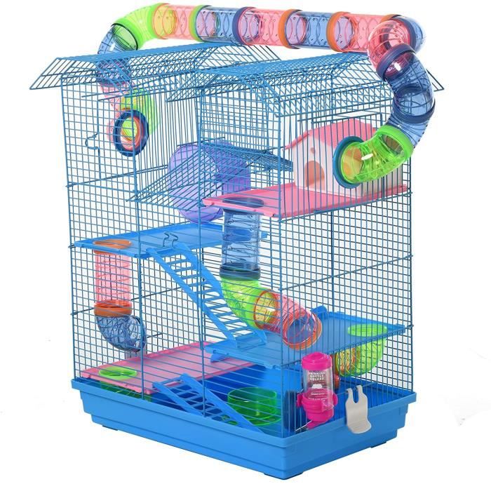 Pawhut Cage pour Hamster Souris Petit Animaux Rongeur avec Tunnel Mangeoire Roue Jouet 47 x 30 x 59 cm cm Bleu A308