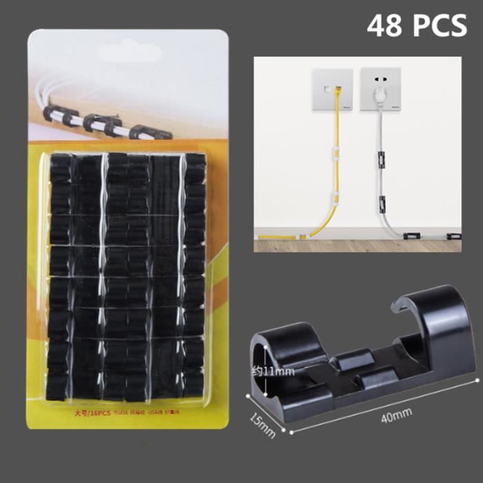 Clips Câbles Adhésifs 48PCS Rangement de Câbles Auto-Adhésifs Organisateur pour TV,Chargeur,Voiture,PC,Bureau,Maison-Noir