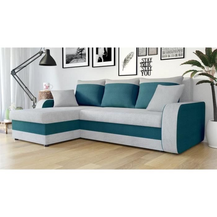 Canapé d'angle convertible en tissu LEELA III - Réversible - Gris et vert