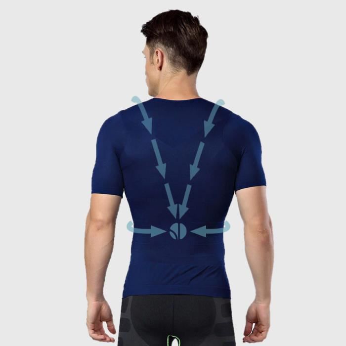 T-shirt Bleu Homme Manches Courtes - Correcteur de Posture - Compression 360° - Anti-Mal de Dos - Maillot de Corps Sport Fitness