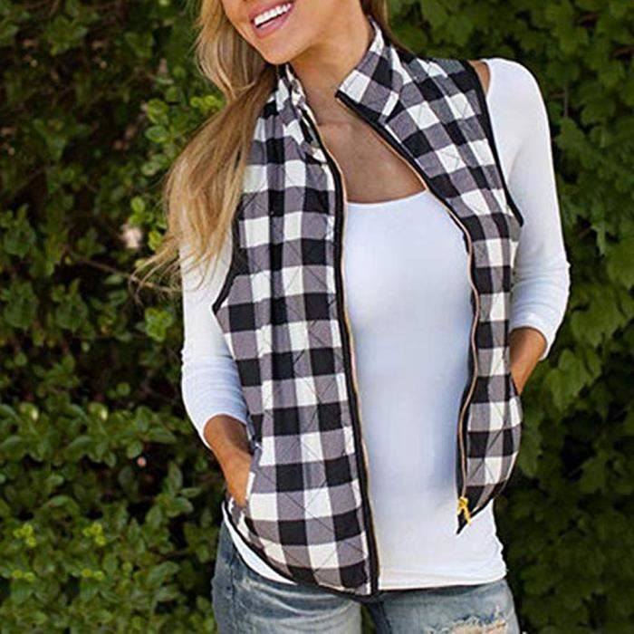 Cardigan gilet sans manches à carreaux avec poches à carreaux