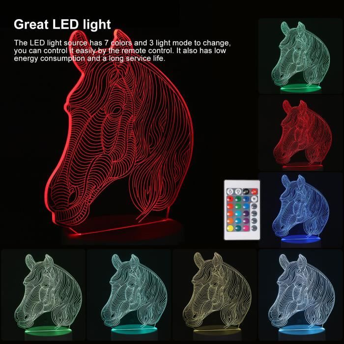 Veilleuse-3D Nigh Light Touch Control 3D Lumière colorée avec télécommande Table de décoration Lampe d'effet 3D-Tête de cheval