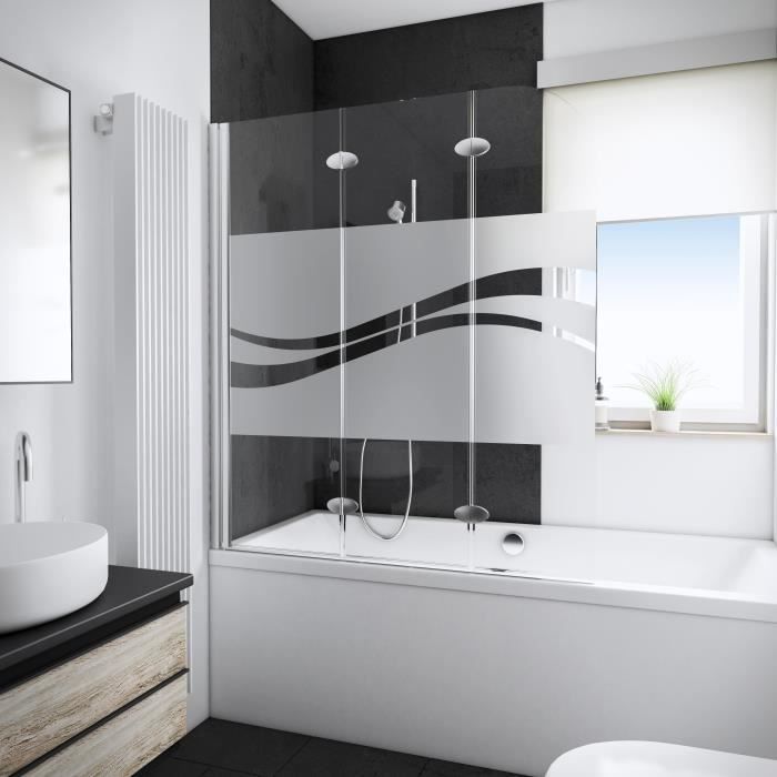 Ecran de baignoire Young Line, 3 volets, 125 x 140 cm, décor Liane, profilés aspect chromé