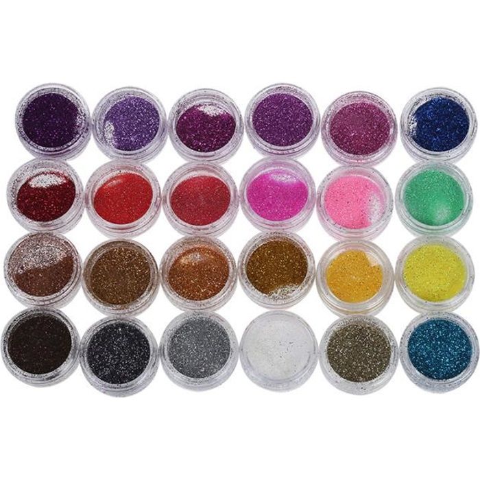 24 x Couleurs Poudre Scintillant Paillette Pour Deco Ongles Faux Gel UV Vernis