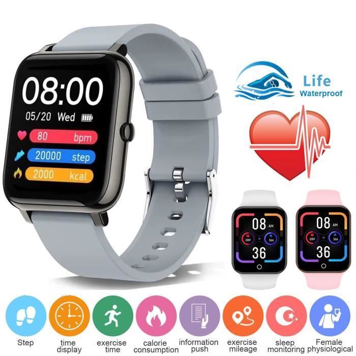Montre Connectée Hommes Femmes Montre Intelligente Moniteur de fréquence Cardiaque Podometre Calories Sommeil pour Android IOS Gris