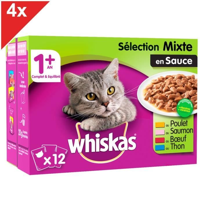 WHISKAS 48 Sachets fraîcheur en sauce sélection mixte pour chat 100g (4x12)