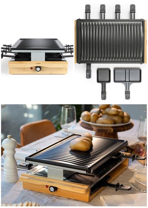 Appareil Raclette-Grill-Plancha - BOIS - 1200W - 8 personnes - Surface antiadhésive - 12 poêlons Appareil Raclette-Grill-Plancha - BOIS - 1200W - 8 personnes - Surface antiadhésive - 12 poêlons