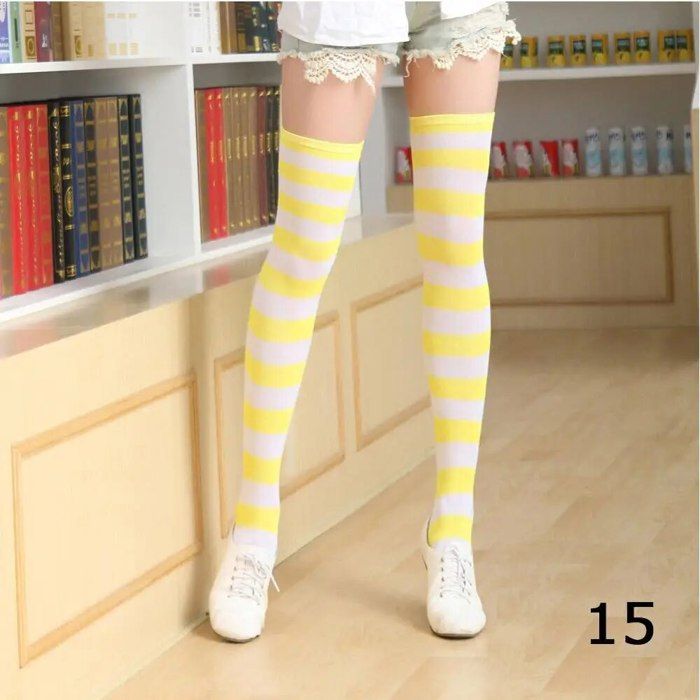 Chaussettes Hautes Rayées Pour Femme - Taille Unique 37-39, Coton Acrylique, Pour Robe, Déguisement, Cosplay
