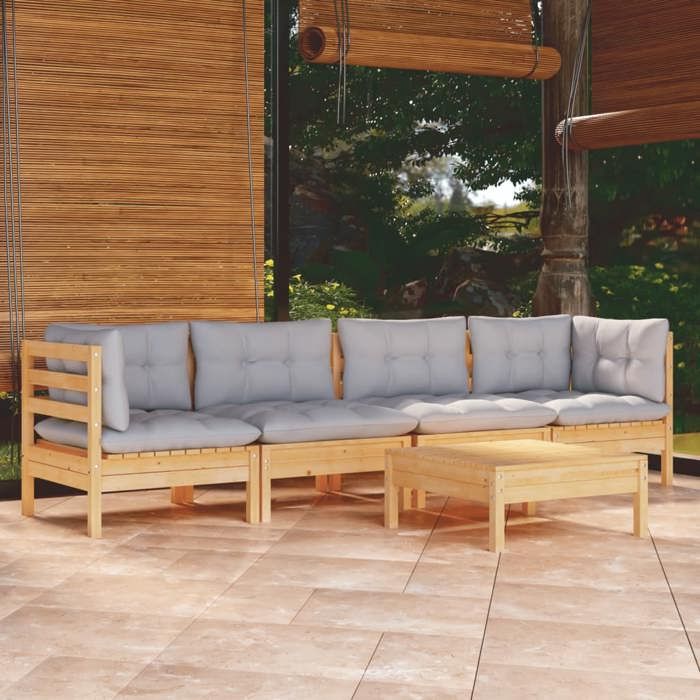 Lemon Salon bas de jardin 5 pcs - avec coussins - gris bois de pin massif - 63 5x63 5x62 5 cm 3096153