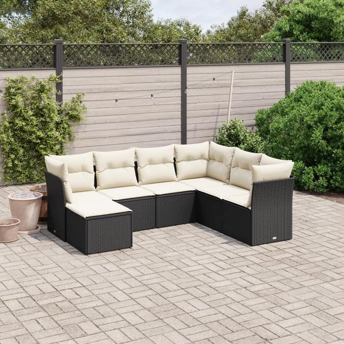 vidaXL Salon de Jardin avec Coussins 7 pcs Canapés de Terrasse Ensemble de Meubles de Patio Mobilier dExtérieur Noir 3263212