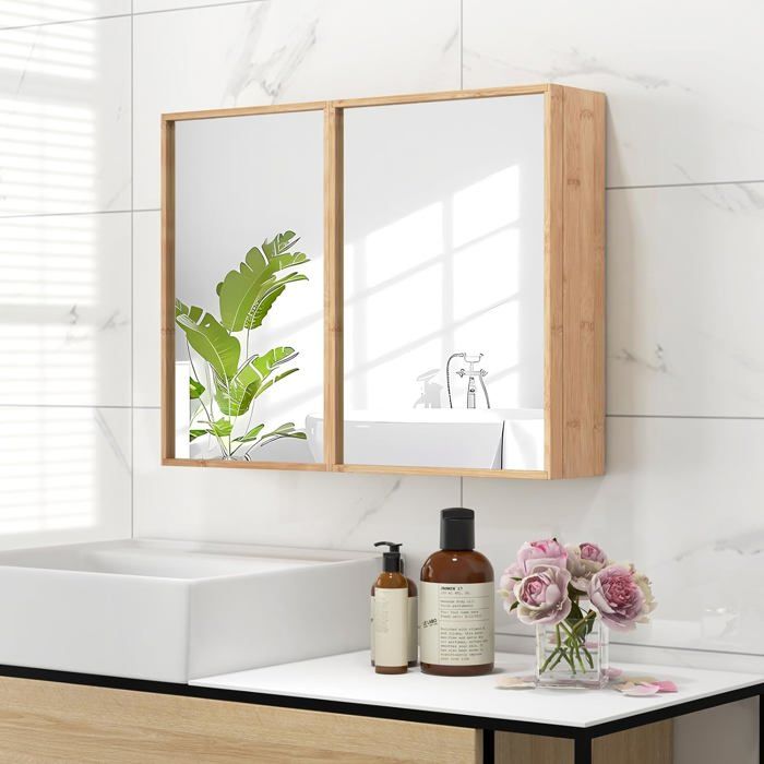 COSTWAY Armoire Murale de Salle de Bain en Bambou avec Porte et Miroir 2 Étagères Ajustables pour Salle de Bain Salon Entrée