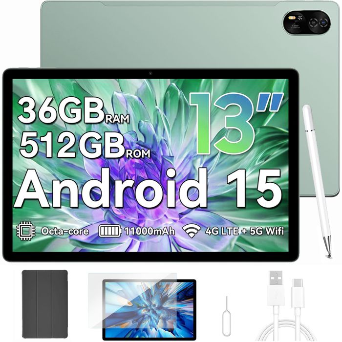 Blackview Mega 8 Tablette Tactile 13.0 90Hz Écran 36 Go + 512 Go 11000mAh 50MP Android 15 Dual SIM 4G Tablette PC GPS – Vert